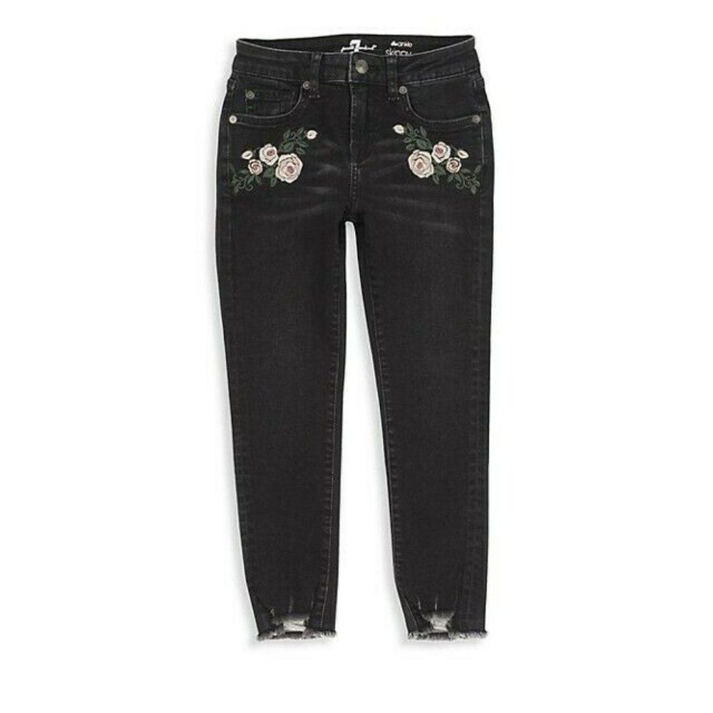 7 For All Mankind Girls Black Floral Embroidered Ankle Skinny Denim Jeans Size 8